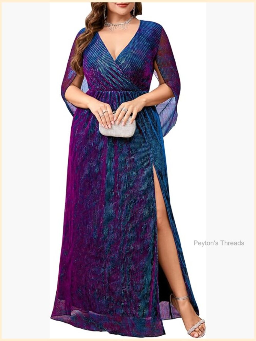 Plus Size Formal Maxi Dress Cape Sleeve V Neck Split Side Wedding Guest Gown